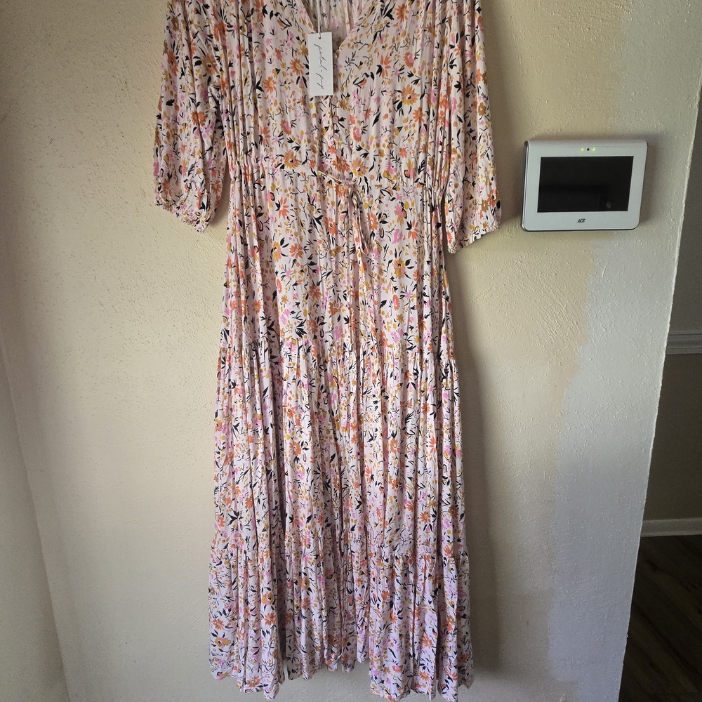 Petal & Pup Pink Maxi Dress with Puff Sleeves and V-Neck